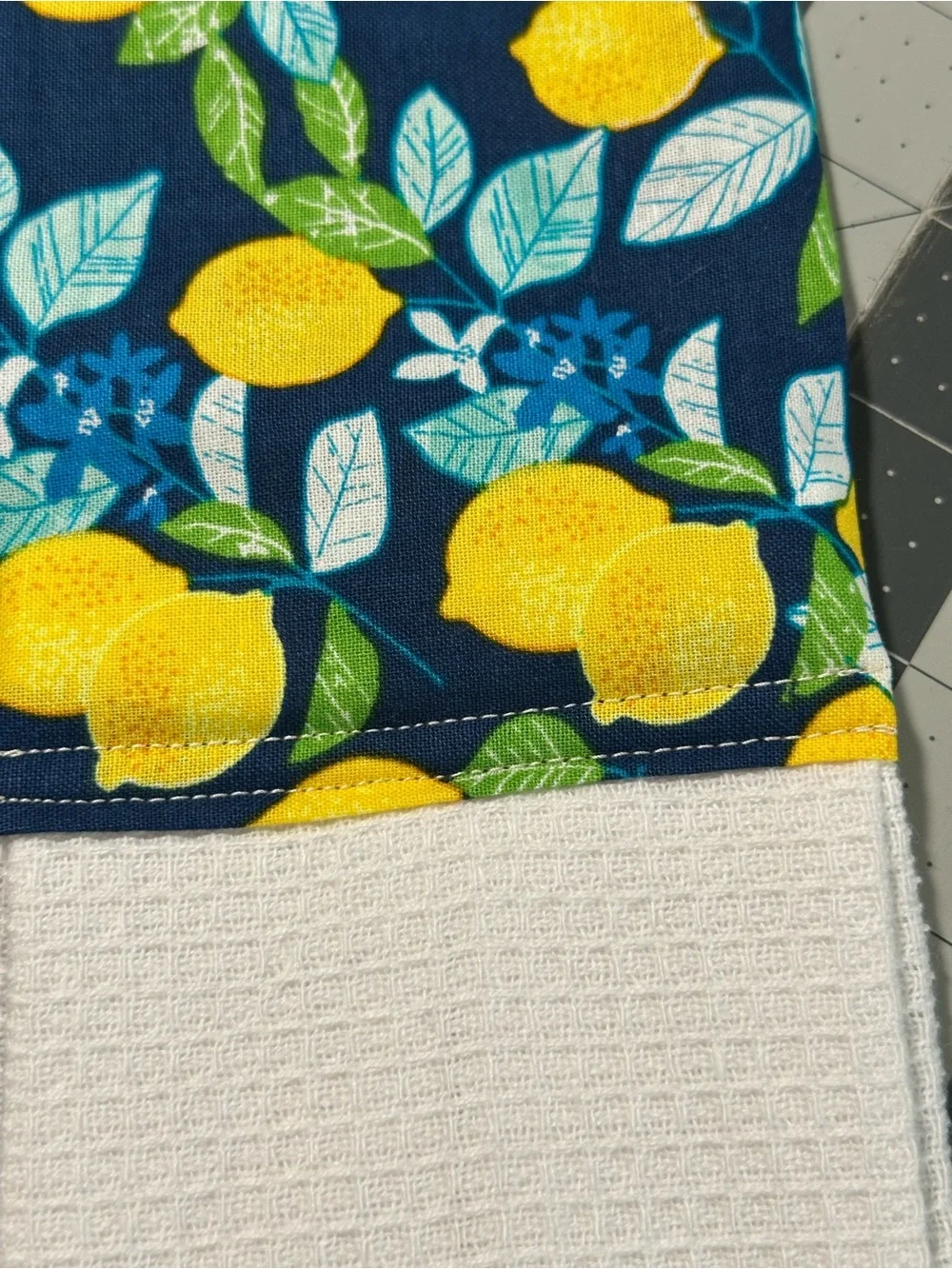 Hand Crafted Navy Lemon Print Kitchen Scarf with White Towel Ends